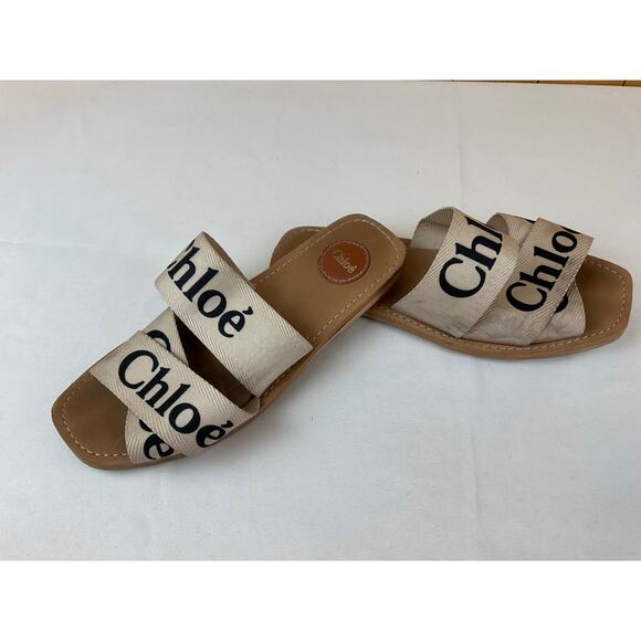 Chloe Shoes - Chloé Beige Logo Ribbon Slide Sandals